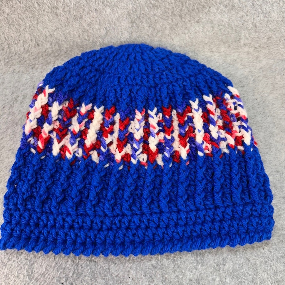 Striped Design Mens Blue Handmade Beanie Crochet Knit Winter Hat OS